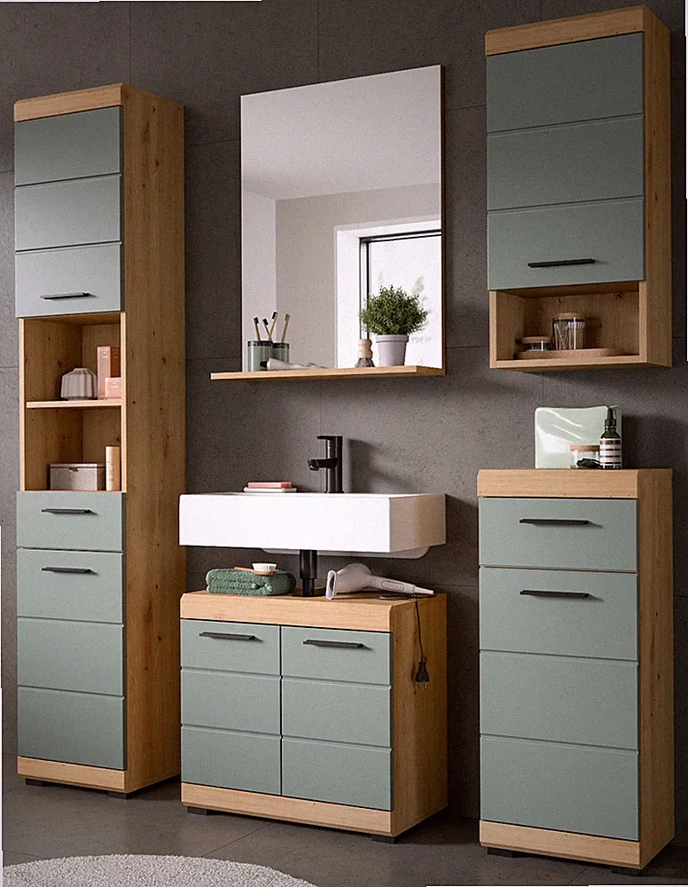 Badmöbel Badezimmer komplett Set 5-teilig Eiche Salbei grün Badschrank Set Shawn