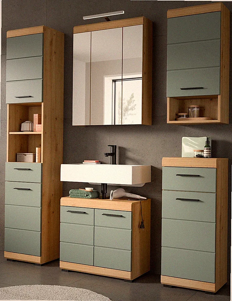Badmöbel Badezimmer komplett Set 5-teilig Eiche Salbei grün Badschrank Set Shawn