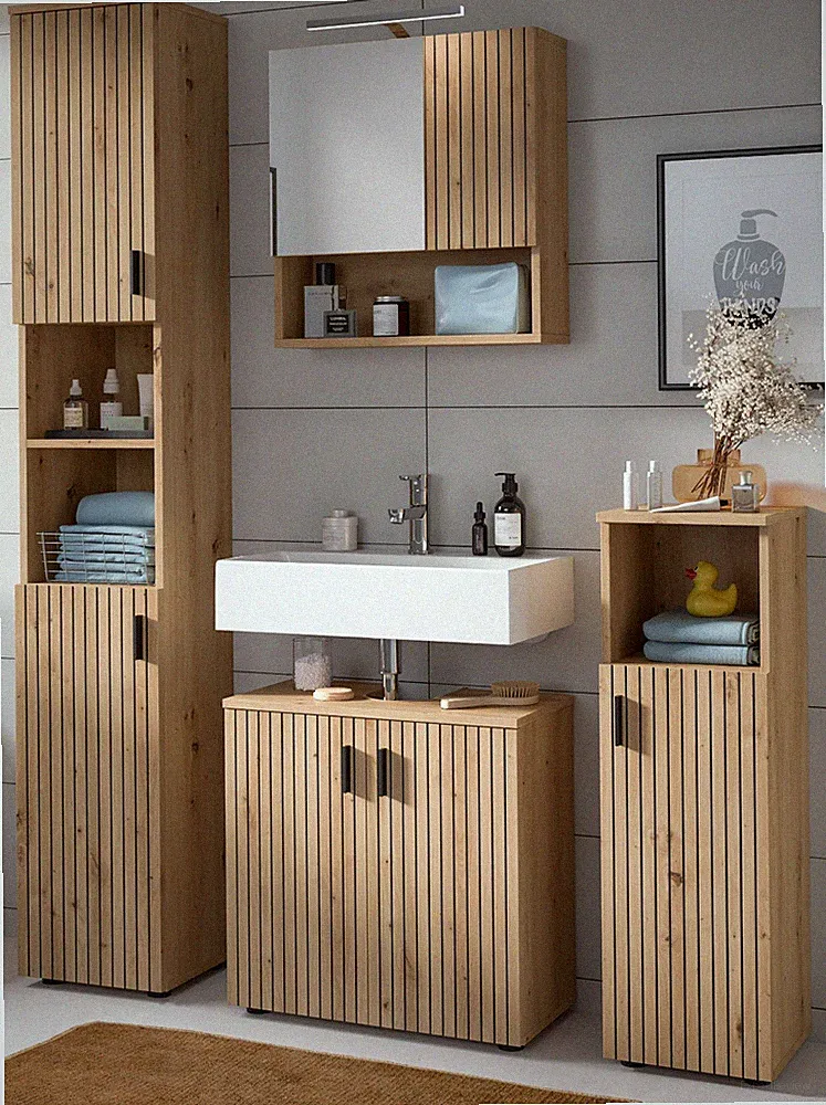 Badmöbel Badezimmer komplett Set Eiche 4-tlg Hochschrank Spiegelschrank Livia