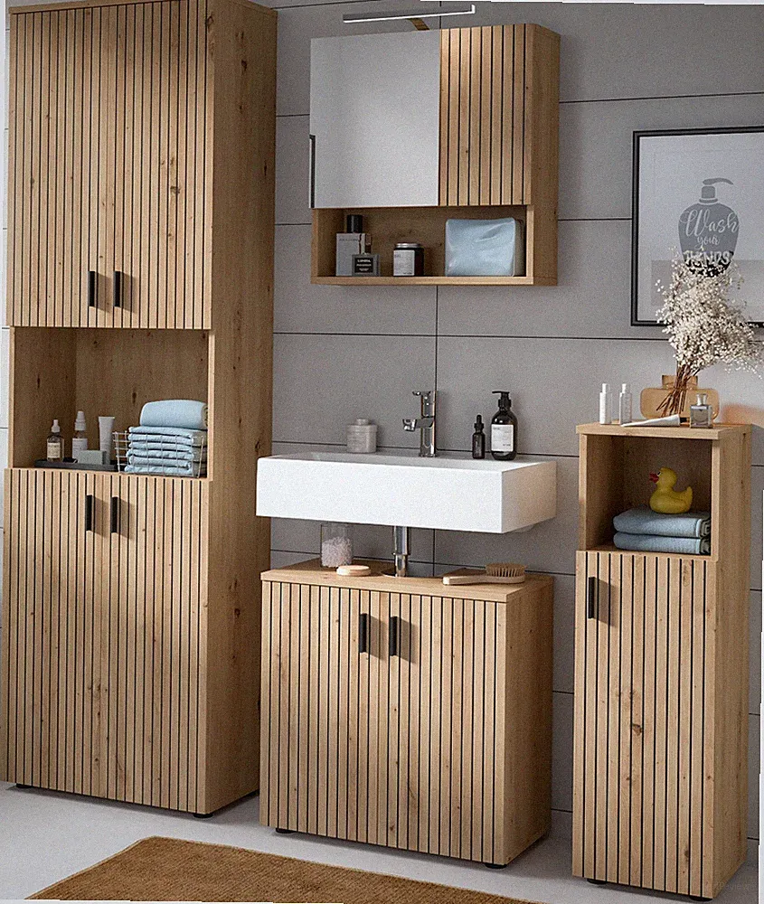 Badmöbel Badezimmer komplett Set Eiche 4-tlg. mit 4-türigem Hochschrank Livia