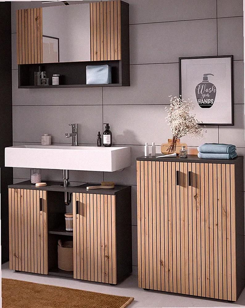 Badmöbel Badezimmer komplett Set Eiche Artisan Rillen Grau 3-teilig 150 cm Livia