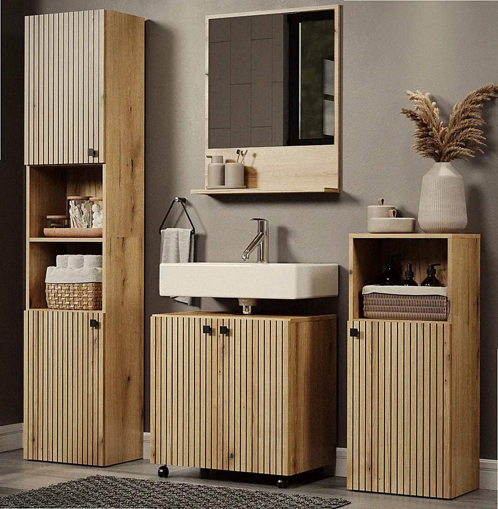 Badmöbel Badezimmer komplett Set Eiche Staboptik 4-tlg. 160 cm 11 Fächer Bliss