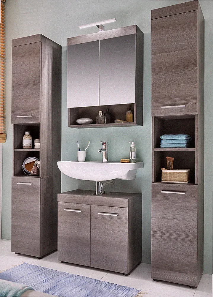 Badmöbel Badezimmer komplett Set Sardegna Rauchsilber grau 2x Hochschrank Runner
