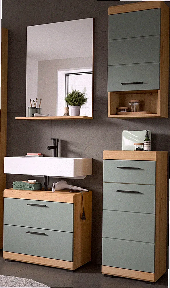 Badmöbel Badezimmer Möbel Set 4-tlg. 112 cm Schubkästen Eiche Salbei grün Shawn