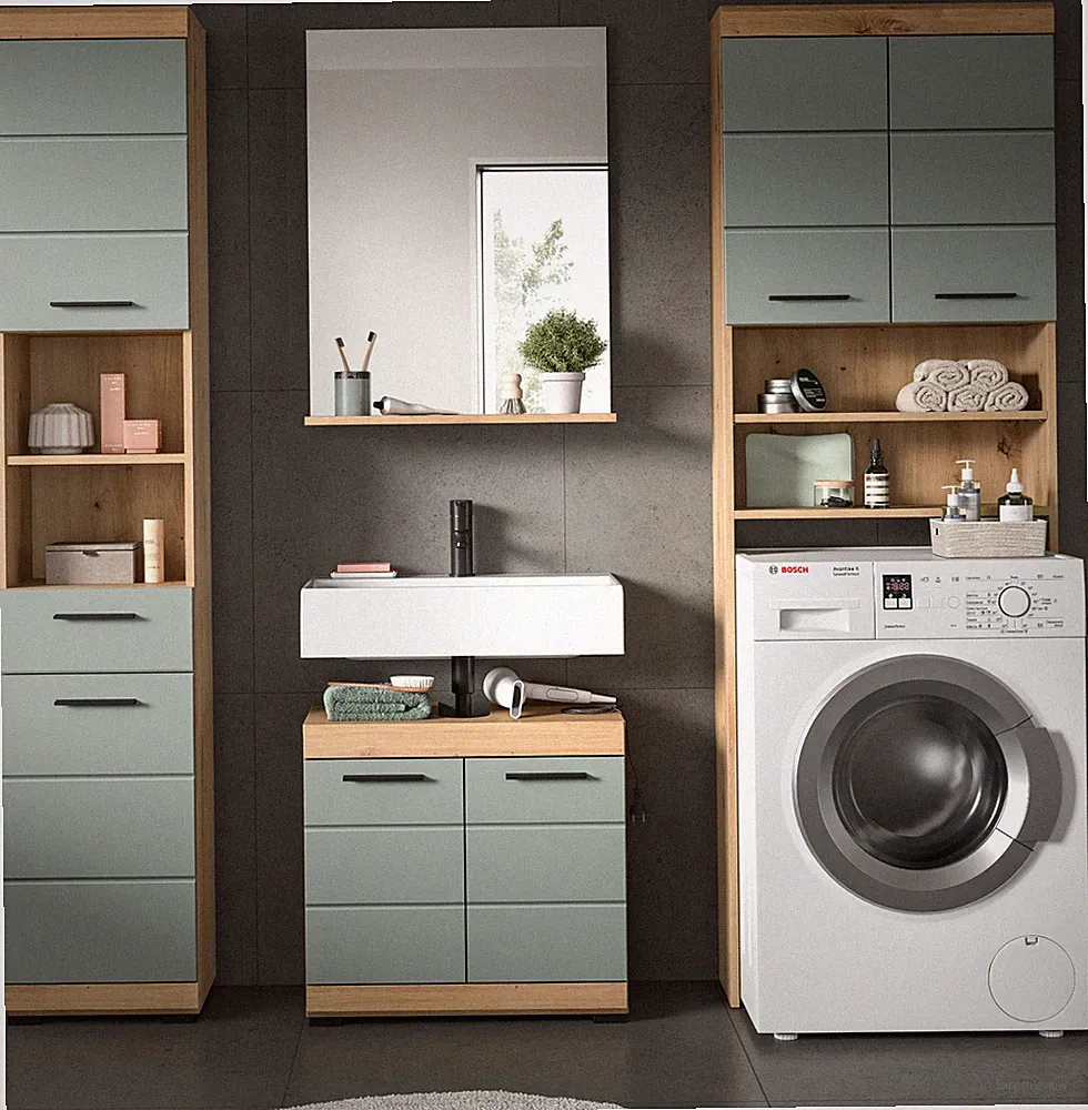 Badmöbel Badezimmer Möbel Set 4-tlg mit Waschmaschinenschrank Eiche Salbei Shawn