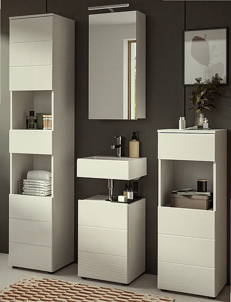 Badmöbel Badezimmer Schrank Set weiß Hochglanz 4-tlg. 140 cm Beleuchtung Larik
