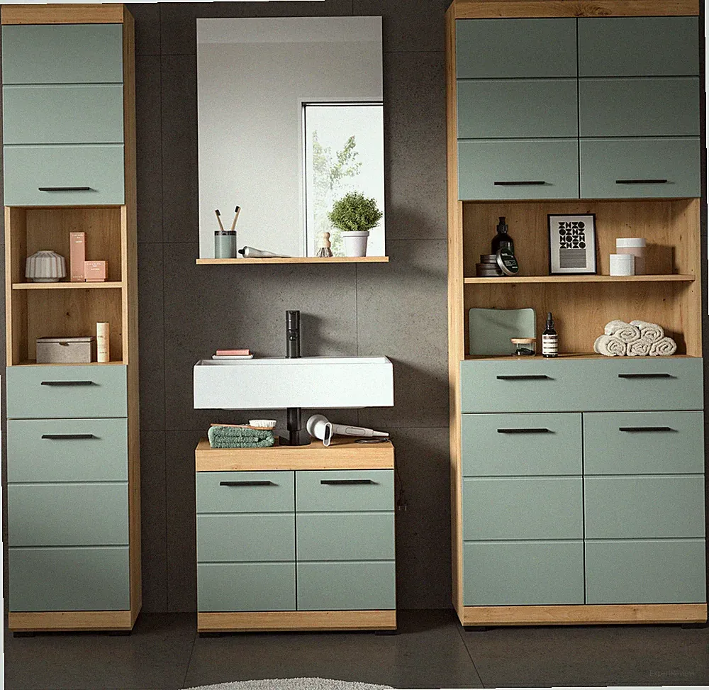 Badmöbel Badezimmer Set 4-tlg. 2x Hochschrank Eiche Salbei grün Möbelset Shawn