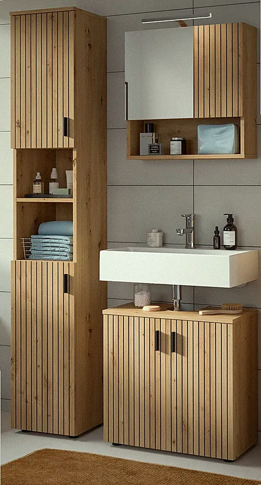 Badmöbel Badezimmer Set Eiche 3-tlg. 105 cm mit Hochschrank Spiegelschrank Livia