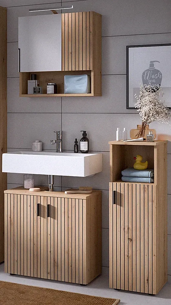 Badmöbel Badezimmer Set Eiche Leisten 105 cm 10 Fächer mit Spiegelschrank Livia