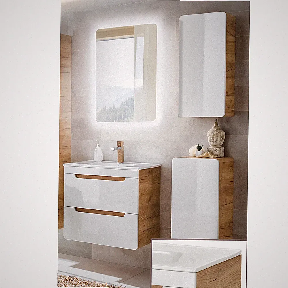 Badmöbel Badezimmer Set Hochglanz 61cm Keramik Waschtisch LED Spiegel Badschrank
