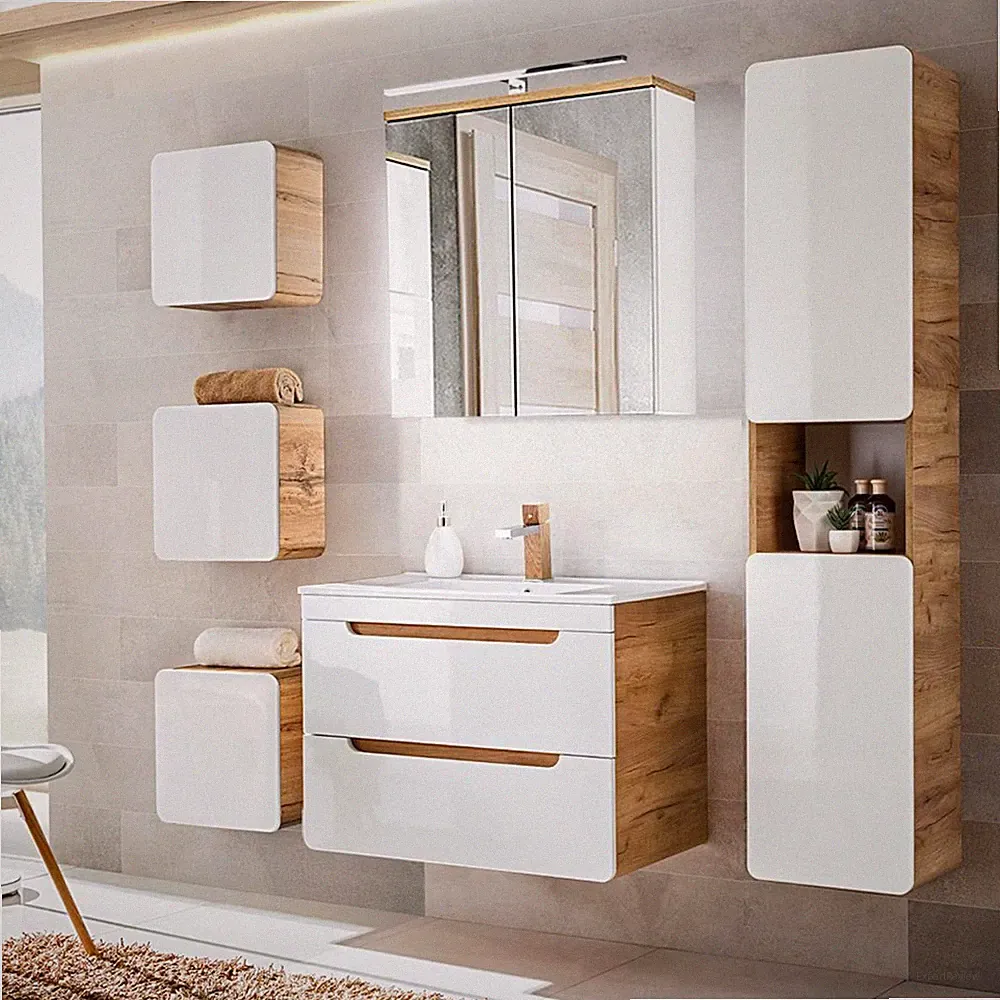 Badmöbel Badezimmer Set Hochglanz Keramik Waschtisch Hochschrank Spiegelschrank