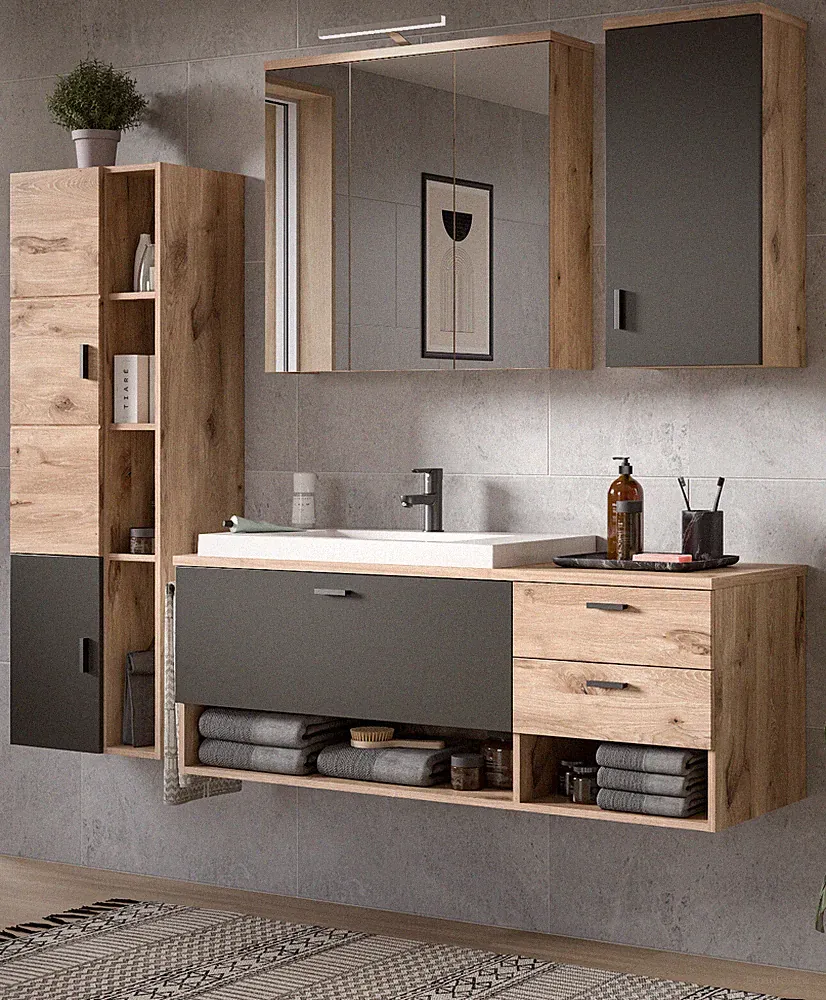Badmöbel Badezimmer Set komplett MIT WASCHBECKEN Eiche grau Soft-Close Oderzo