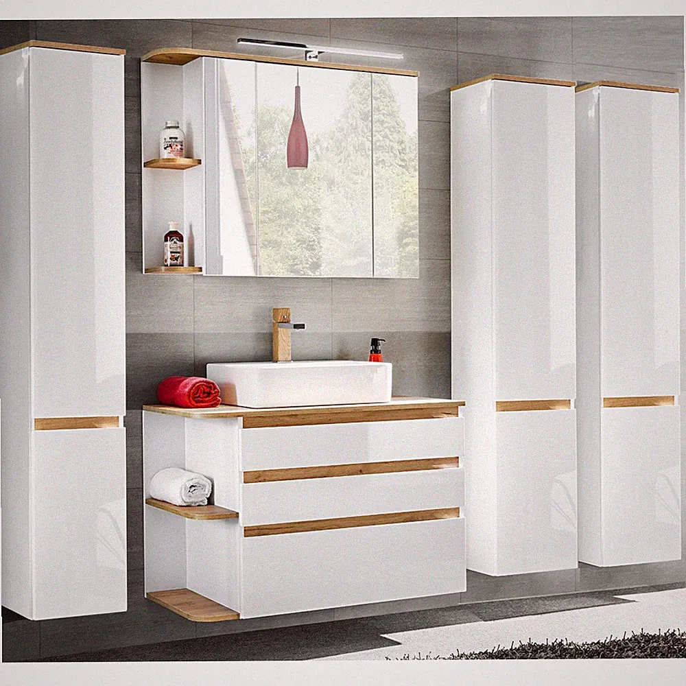 Badmöbel Badezimmer Set weiß Hochglanz Waschtisch LED Spiegelschrank Hochschrank