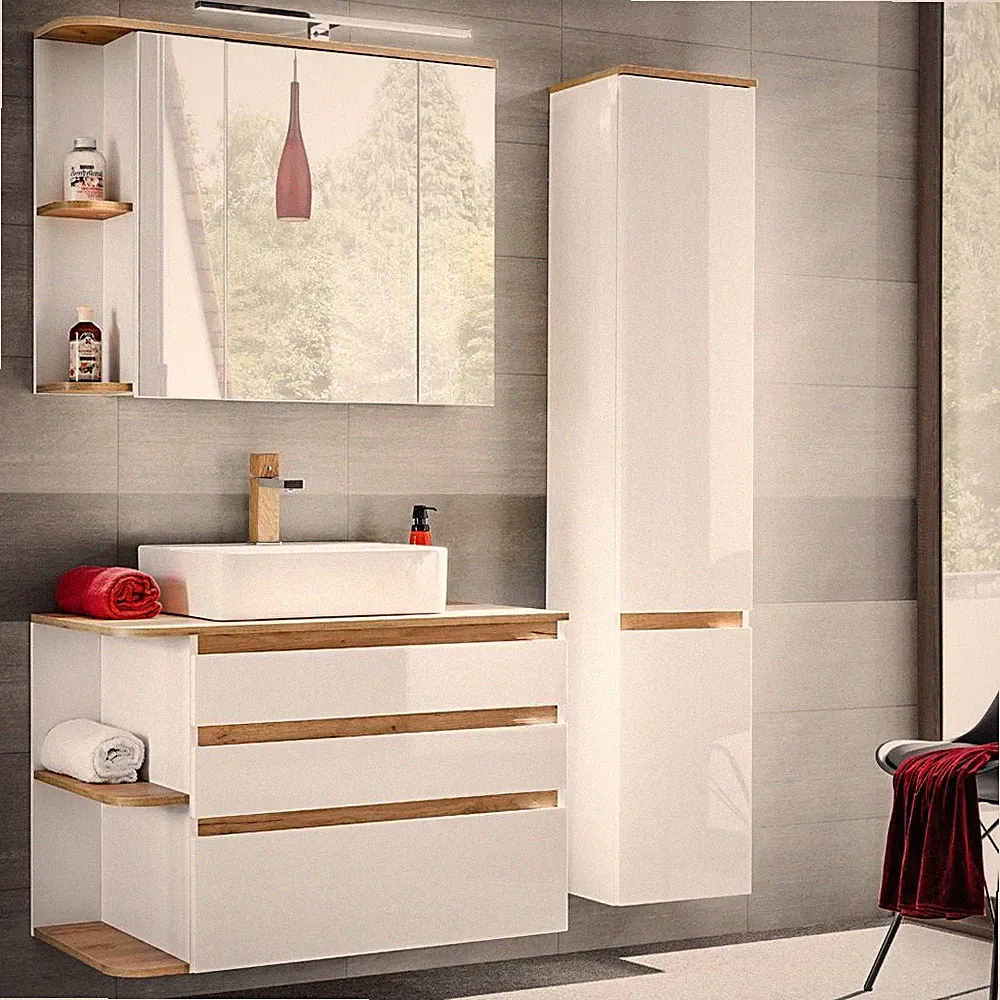 Badmöbel Badezimmer Set weiß Keramik Waschtisch LED Spiegelschrank Hochschrank