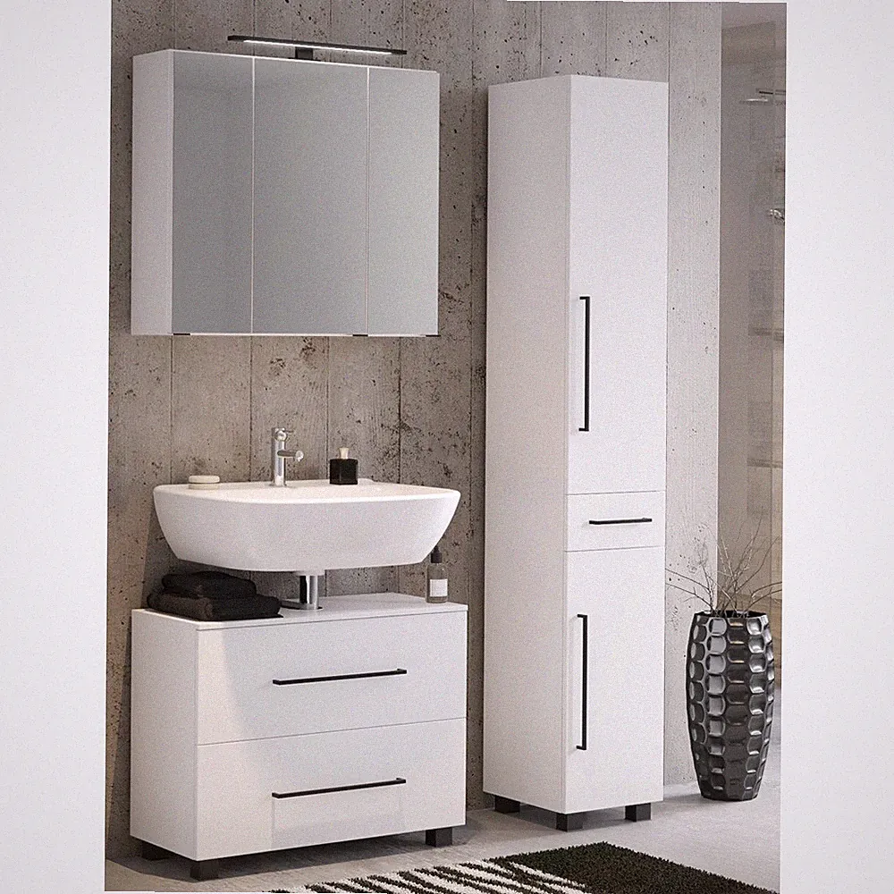 Badmöbel Badezimmer Set weiß Waschtisch-Unterschrank Spiegelschrank Hochschrank