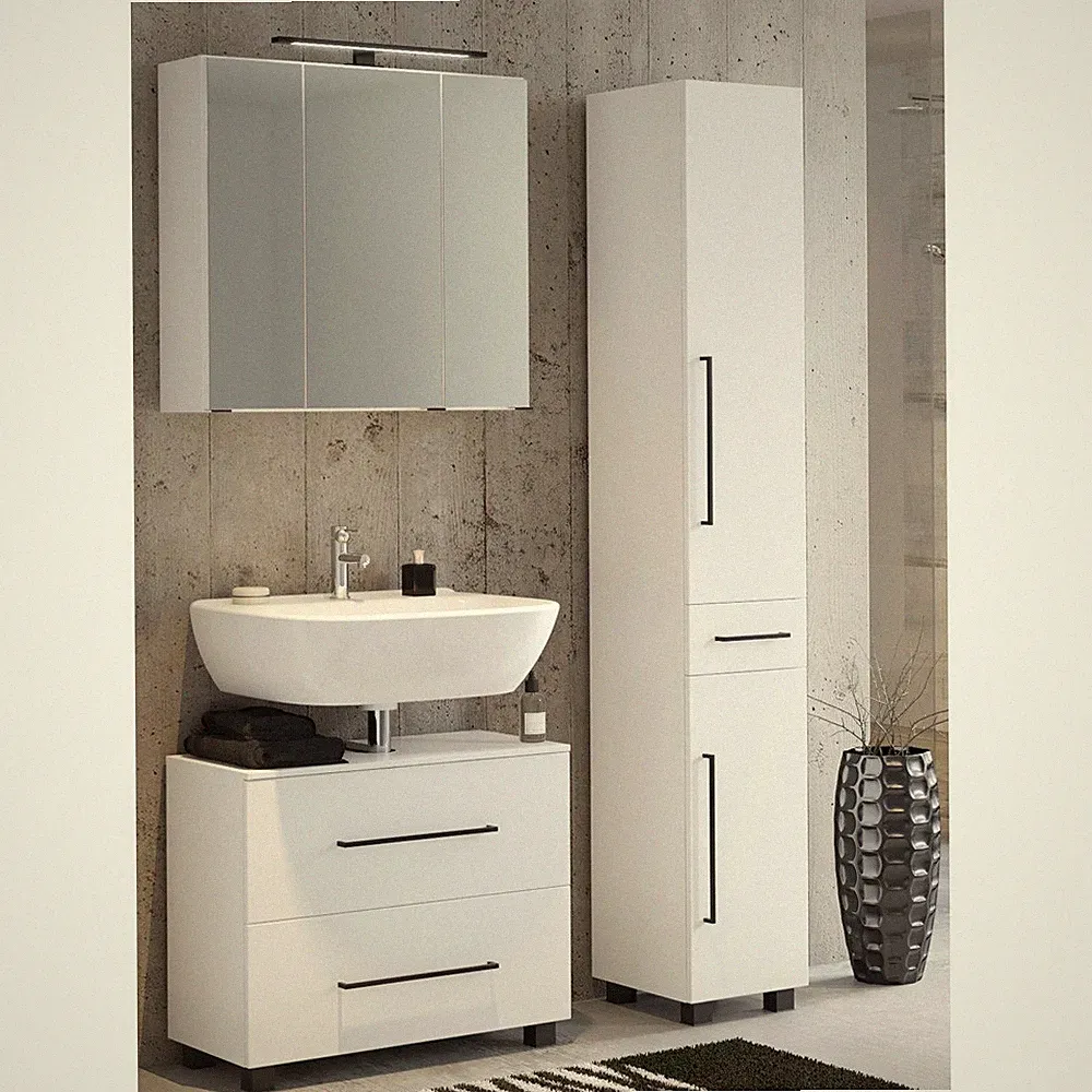 Badmöbel Badezimmer Set weiß Waschtisch-Unterschrank Spiegelschrank Hochschrank