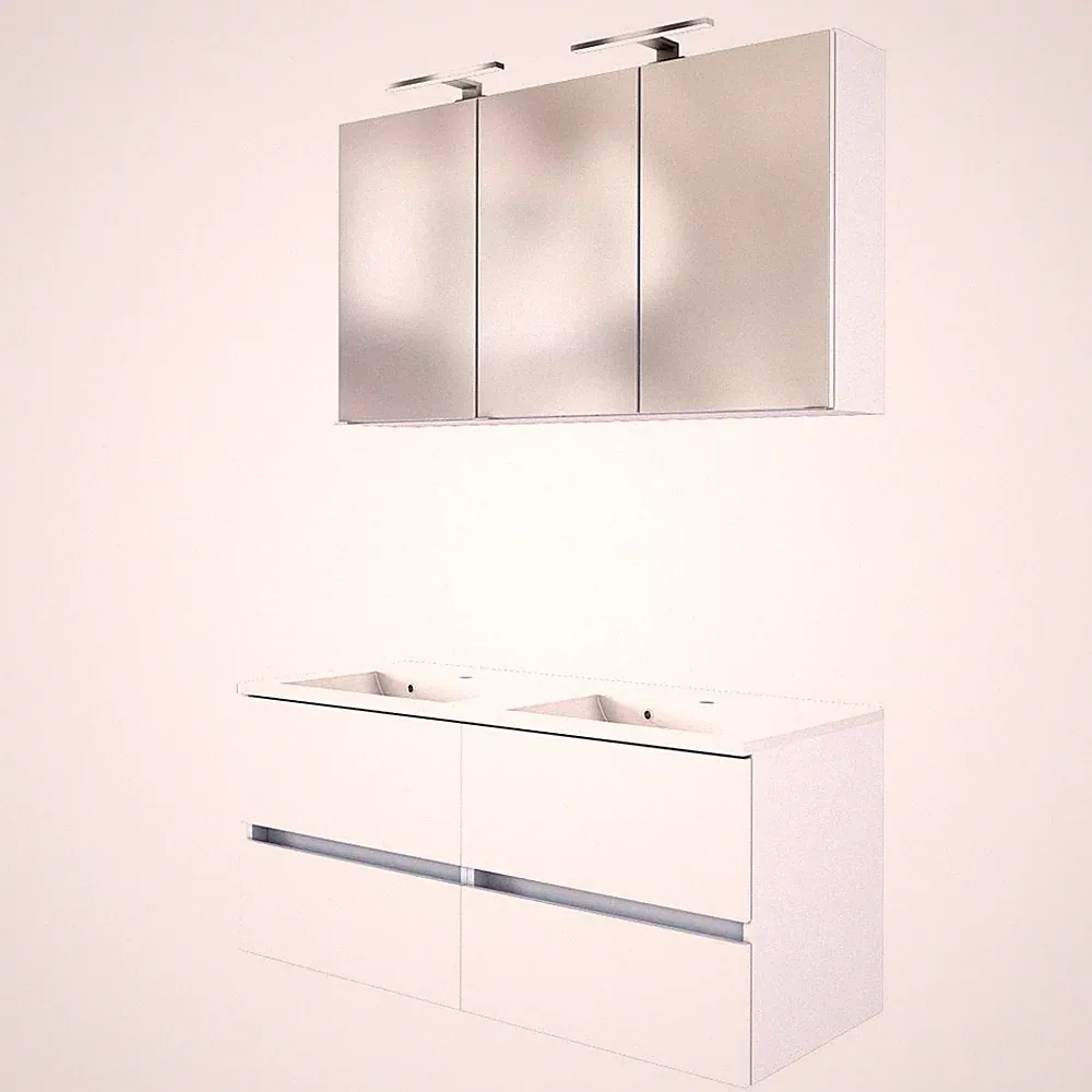 Badmöbel Doppel Waschtisch Set 120cm Waschbecken LED Spiegelschrank matt weiß