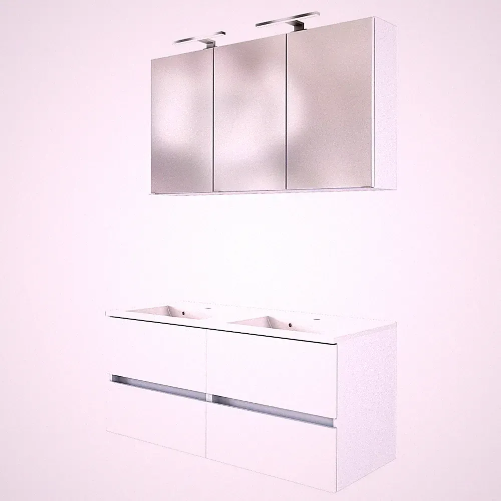 Badmöbel Doppel Waschtisch Set 120cm Waschbecken LED Spiegelschrank matt weiß