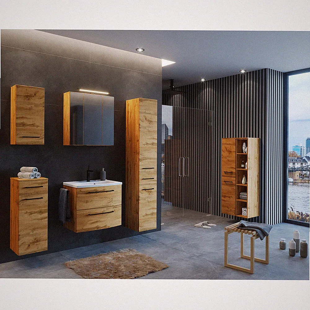 Badmöbel Eiche Nb. modern Waschtisch Hochschrank Spiegelschrank Hängeschrank