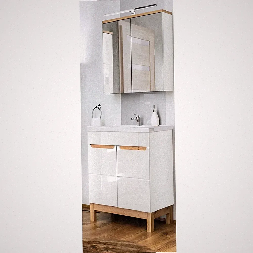 Badmöbel Gäste Bad WC Set 60cm Waschtisch LED-Spiegelschrank Keramik Waschbecken