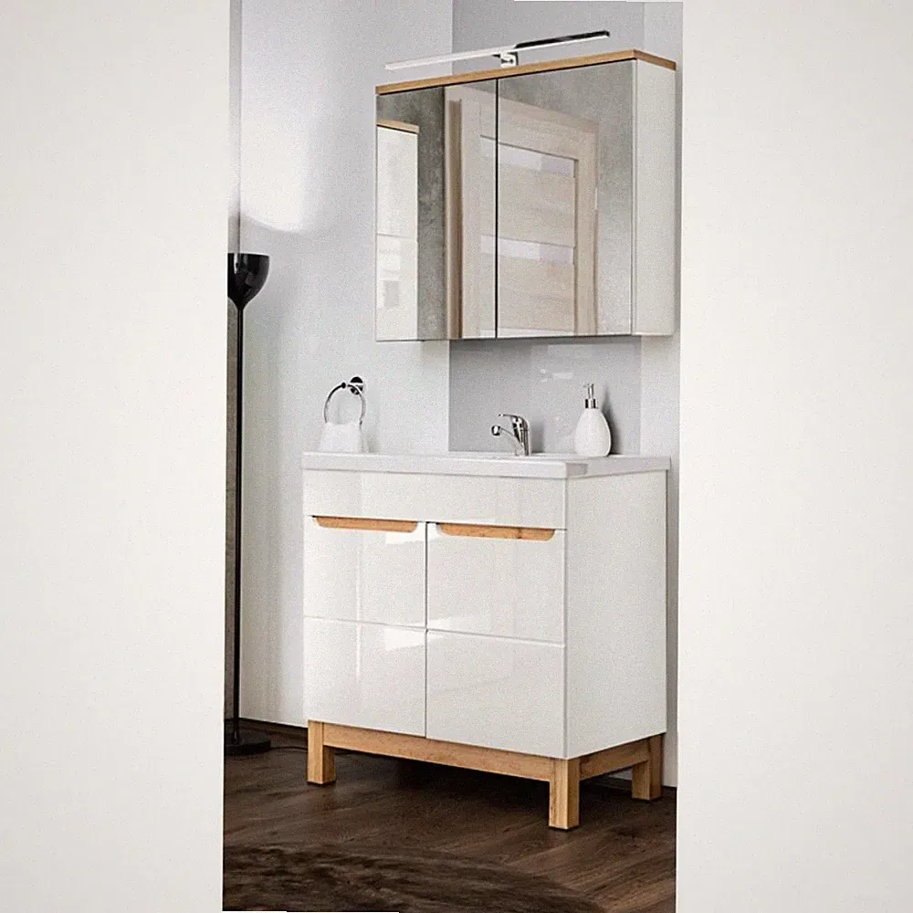 Badmöbel Gäste Bad WC Set 80cm Waschtisch LED-Spiegelschrank Keramik Waschbecken
