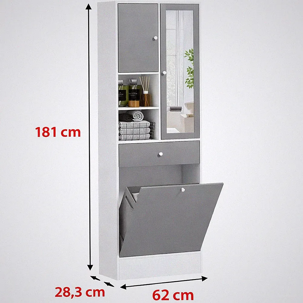 Badmöbel Hochkorb Wäsche Spiegel Regal 62x28x181cm Grau Weiß