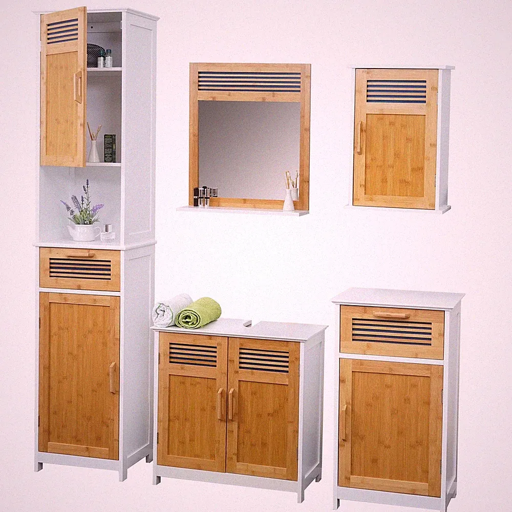 Badmöbel HWC-A85, Badezimmer Badschrank Badset Bambus, weiß