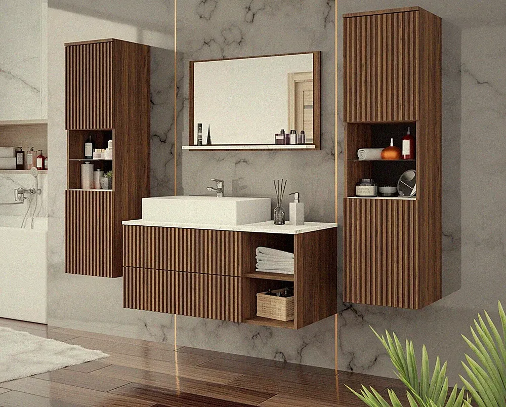 Badmöbel Kertos Rillen III Badezimmer mit Waschbecken Komplett Badmöbel-Set M24