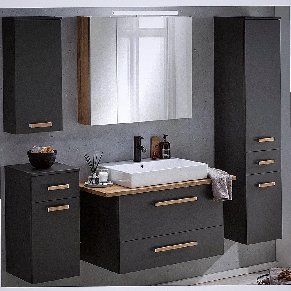 Badmöbel Komplett Set anthrazit Landhaus Eiche LED Spiegelschrank Hochschrank