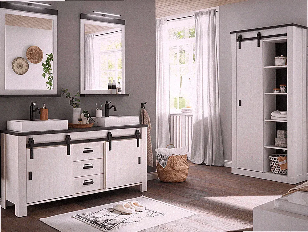 Badmöbel komplett Set Bad Doppelwaschtisch Waschbecken Schrank Beleuchtung Stove
