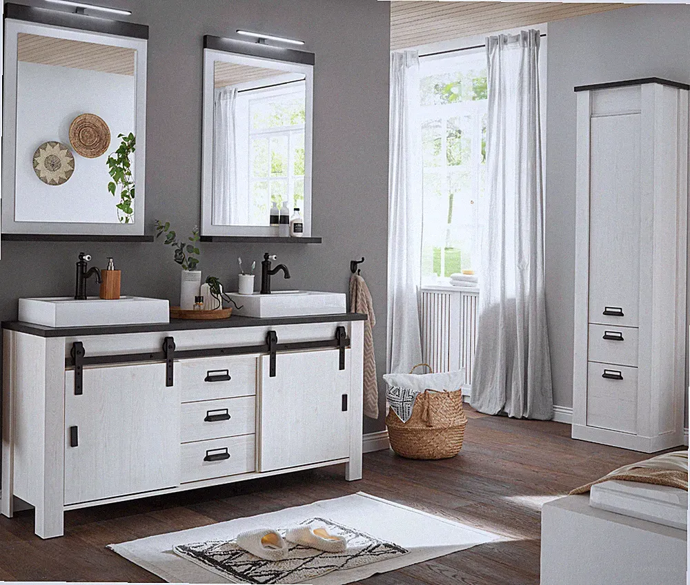 Badmöbel komplett Set Bad mit Doppelwaschtisch + Waschbecken + Beleuchtung Stove
