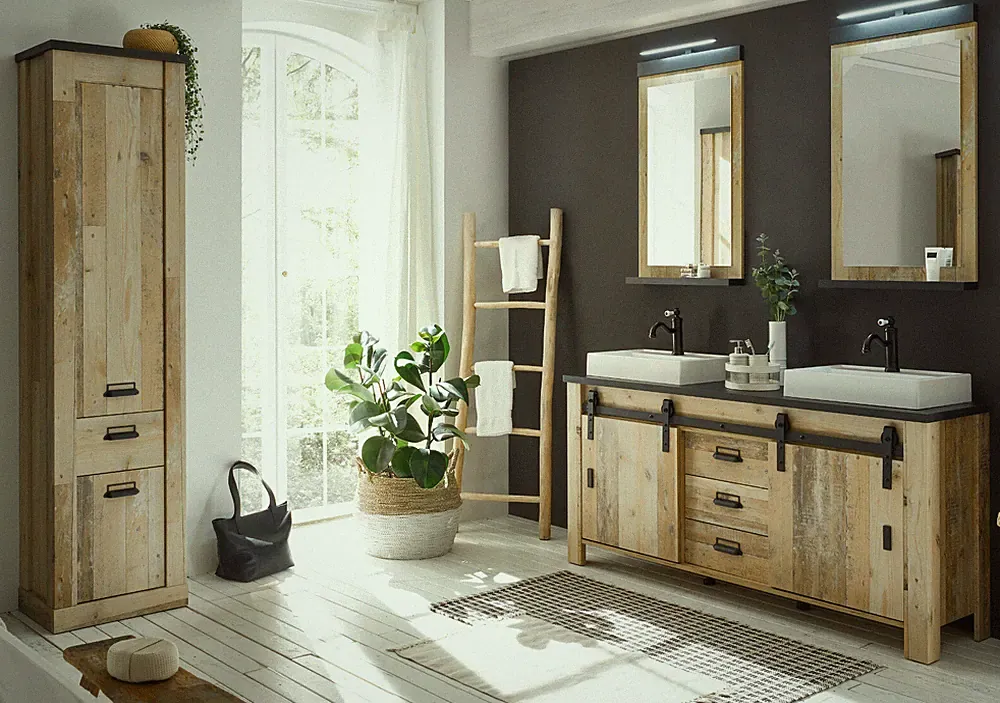 Badmöbel Komplett Set Badezimmer Doppelwaschtisch Waschbecken Beleuchtung Stove