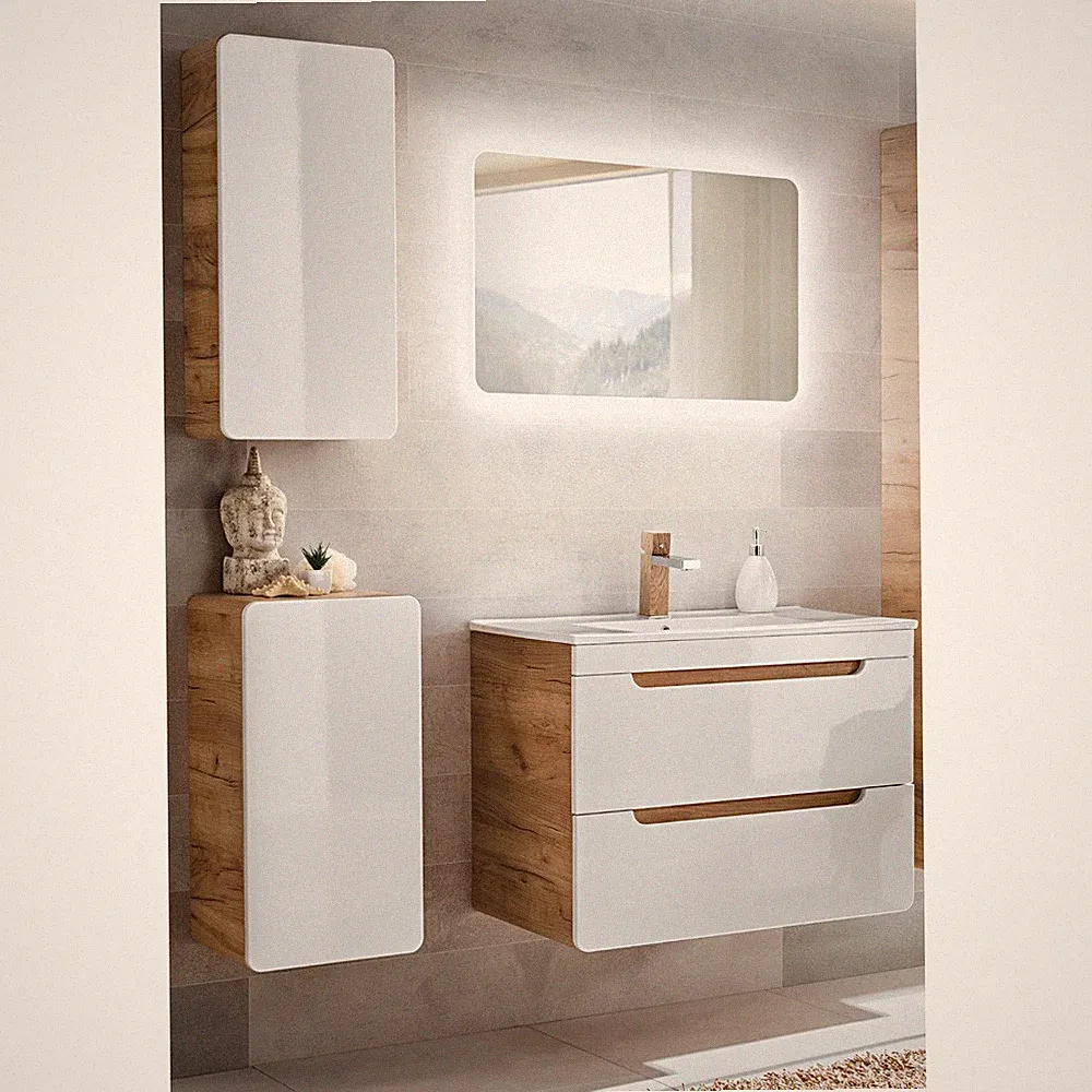 Badmöbel Komplett Set Hochglanz weiß Eiche LED 81cm Waschtisch Badezimmermöbel