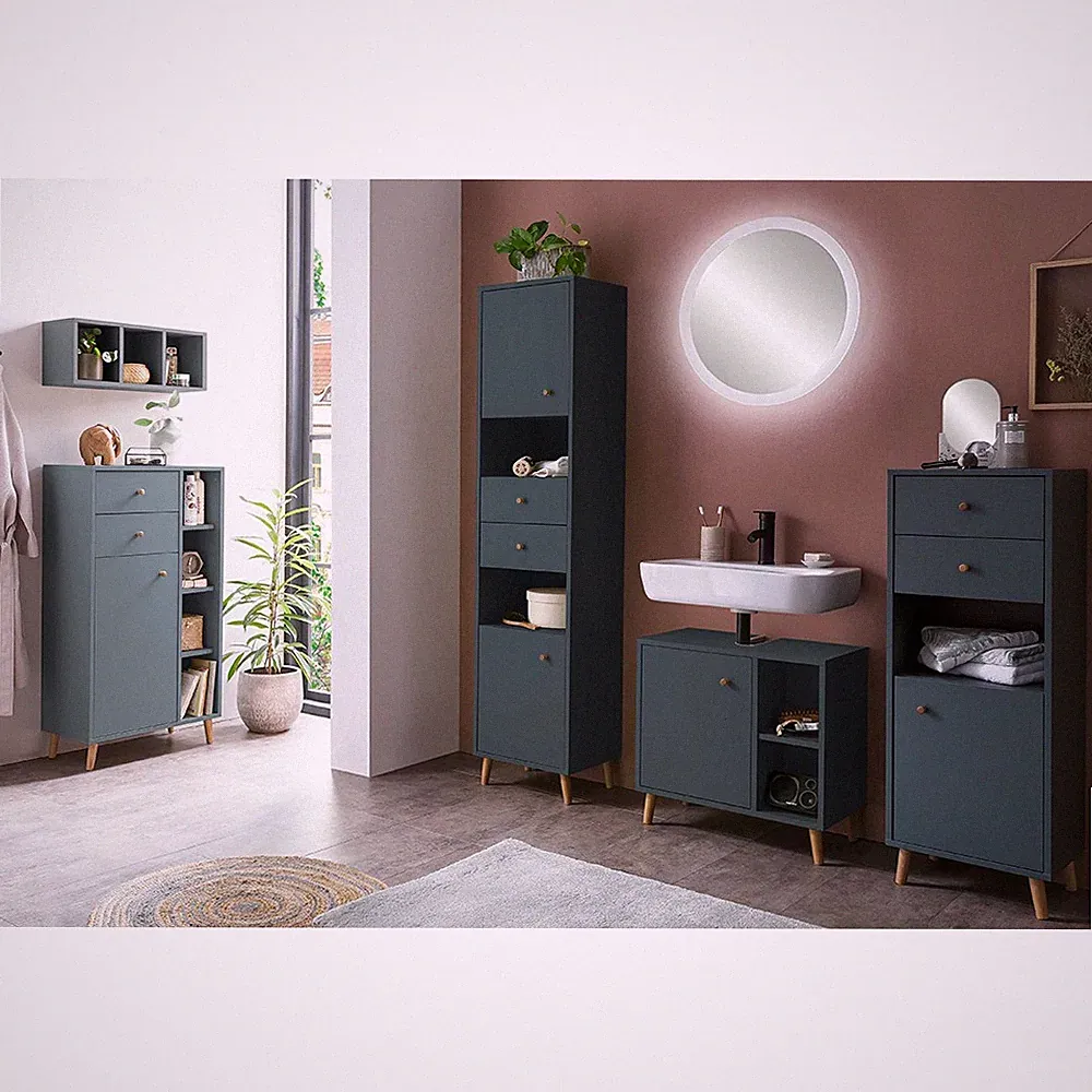Badmöbel Komplett Set WBU Highboard Regal Spiegel Kommode Midi-Schrank Bad blau
