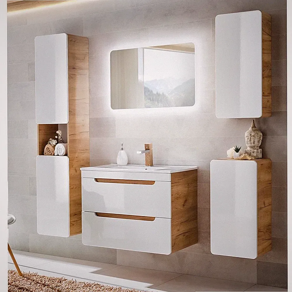 Badmöbel Komplett Set weiß Hochglanz LED 81cm Keramik Waschtisch Badezimmermöbel