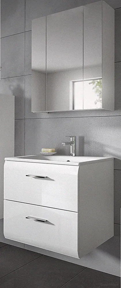 Badmöbel Komplett Set weiß Hochglanz Waschtisch MIT Waschbecken Spiegelschrank