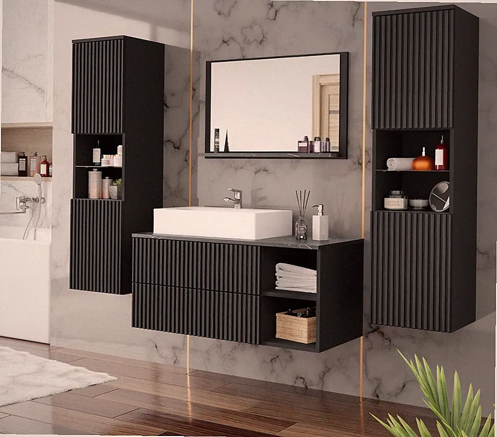 Badmöbel Poskocz Rillen III Badezimmer mit Waschbecken Komplett Badmöbel-Set M24