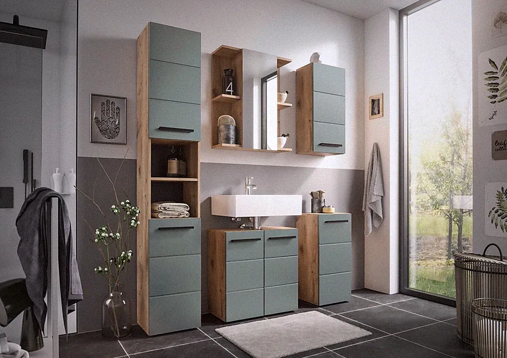 Badmöbel Set 1 Vail Spiegelschrank, Hochschrank, Wbu, Hängeschrank, Kommode