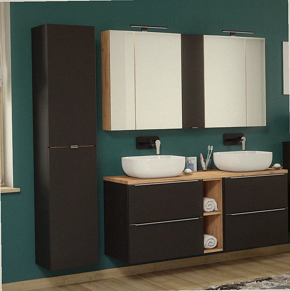 Badmöbel Set 10-tlg Badezimmerset PERUGIA Schwarz Inkl. Waschbecken