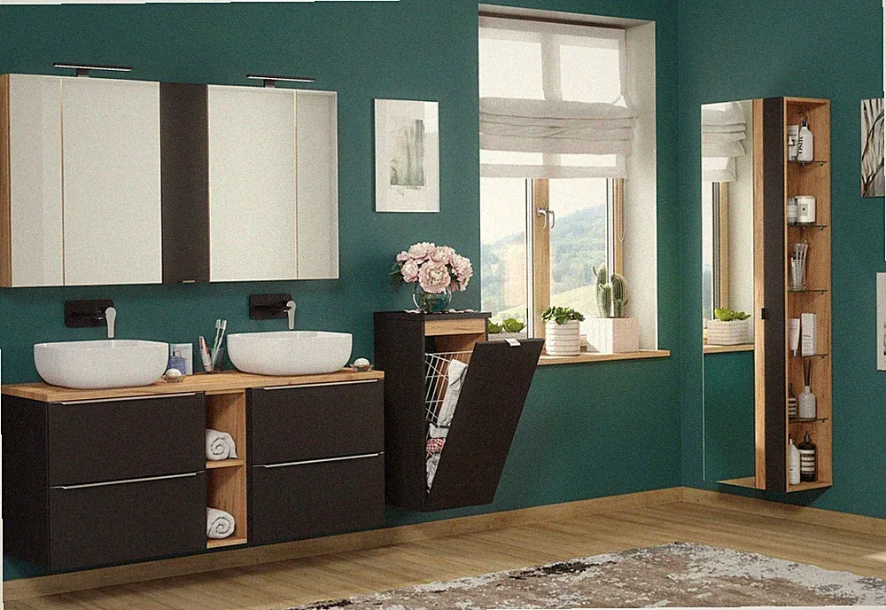 Badmöbel Set 11-tlg Badezimmerset PERUGIA Schwarz Inkl. Waschbecken