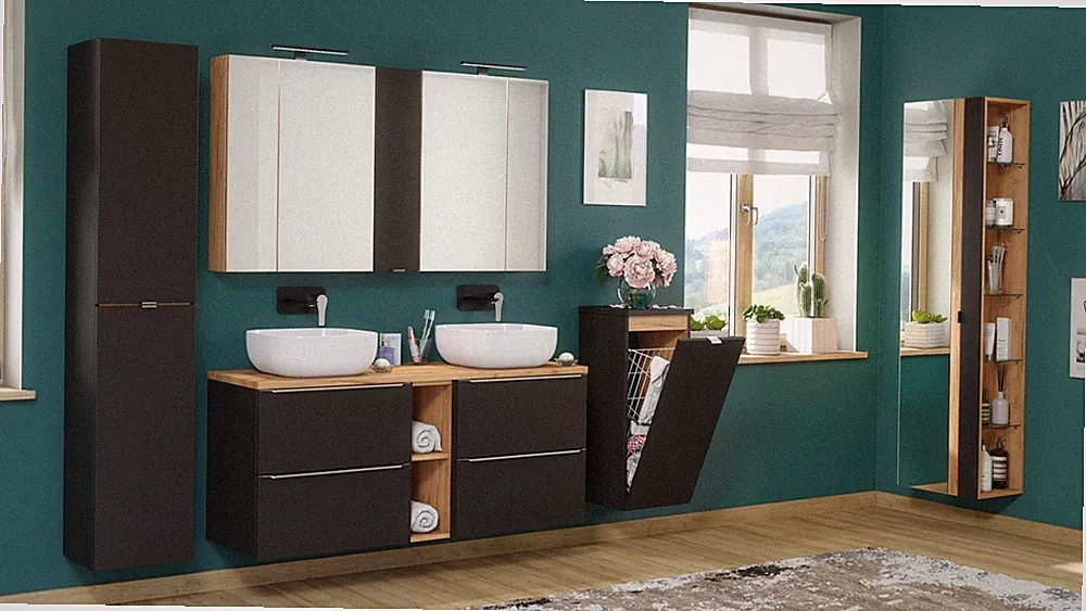 Badmöbel Set 12-tlg Badezimmerset PERUGIA Schwarz Inkl. Waschbecken