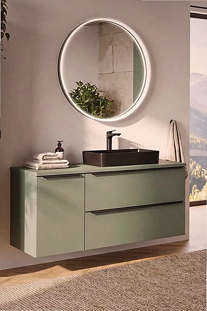 Badmöbel-Set 2-teilig 120cm | Salbeigrün | Becken rechteckig schwarz | VERDANO