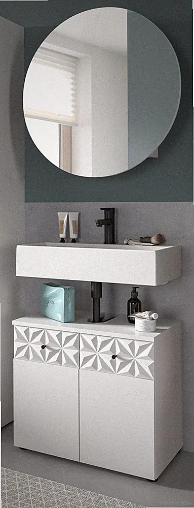 Badmöbel Set 2-teilig in weiß Hochglanz 3D Struktur Badkombination 70 cm Relief