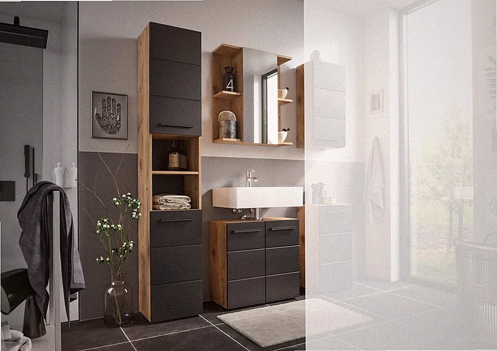 Badmöbel Set 2 Vail Badezimmer Spiegelschrank, Hochschrank, Wbu Oak/ Schilfgrün