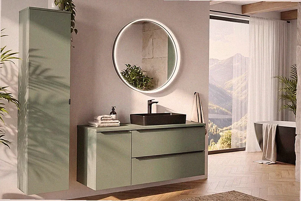 Badmöbel-Set 3-teilig 120cm | Salbeigrün | Becken rechteckig schwarz | VERDANO