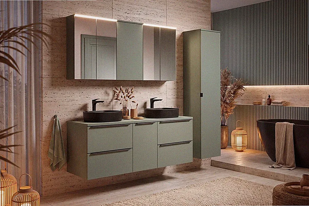 Badmöbel-Set 3-teilig 160cm | Doppelbecken & LED Spiegelschrank | VERDANO