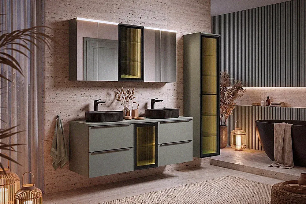 Badmöbel-Set 3-teilig 160cm | Rauchglas & LED | Riffelbecken schwarz | VERDANO