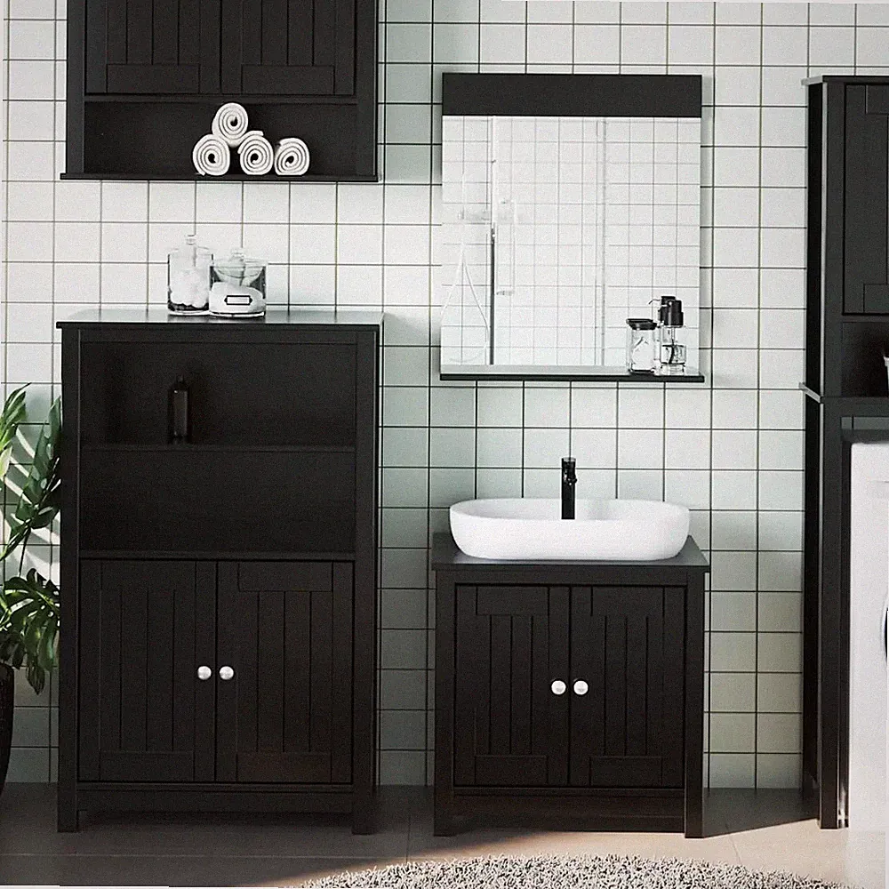 Badmöbel-Set 3-teilig Badezimmer Massivholz Kiefer schwarz Berg