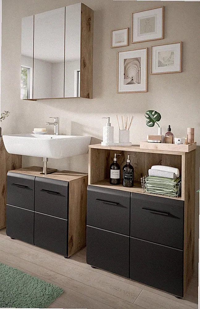 Badmöbel Set 3-teilig Badezimmer Schwarz Eiche 130 cm 2-türige Kommode Bad Cover