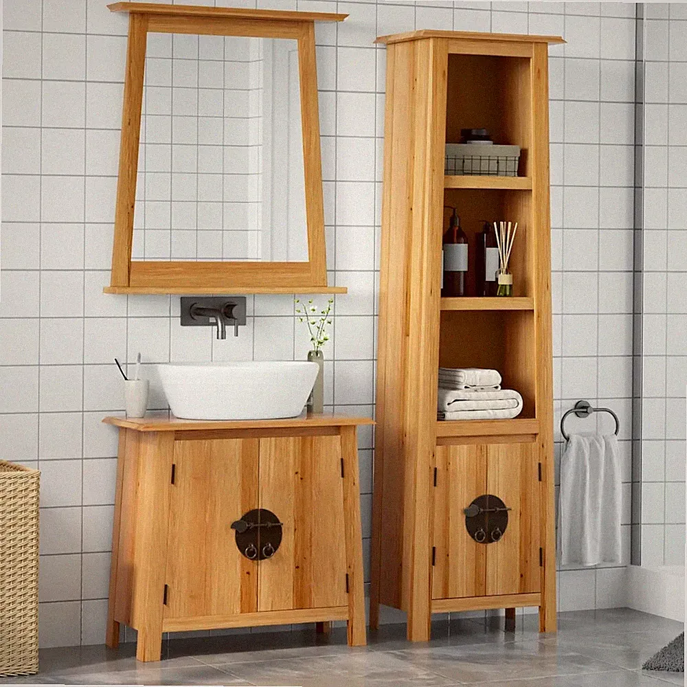 Badmöbel Set 3 teilig Massivholz Kiefer Waschtisch Unterschrank Spiegel